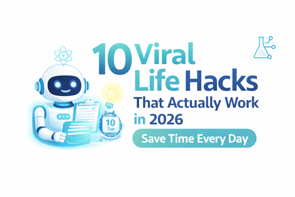 Friendly robot mascot holding a clipboard beside the title “10 Viral Life Hacks That Actually Work in 2026 – Save Time Every Day,” with science and innovation icons in turquoise and dark blue.