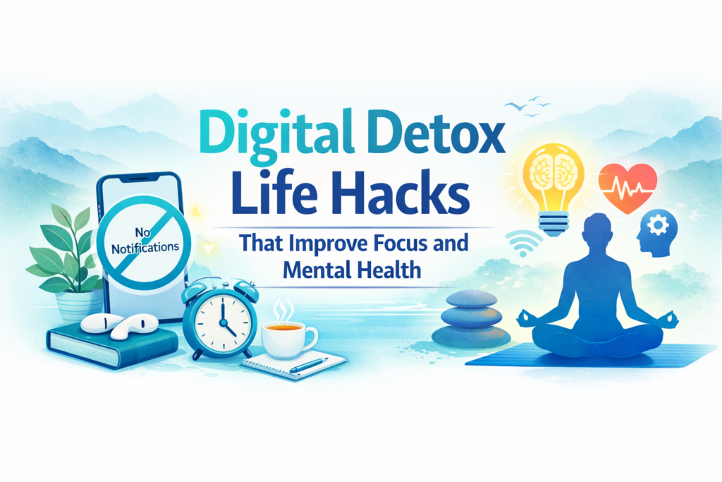 Digital Detox Life Hacks illustration with smartphone, meditation figure, and focus icons in turquoise and blue.