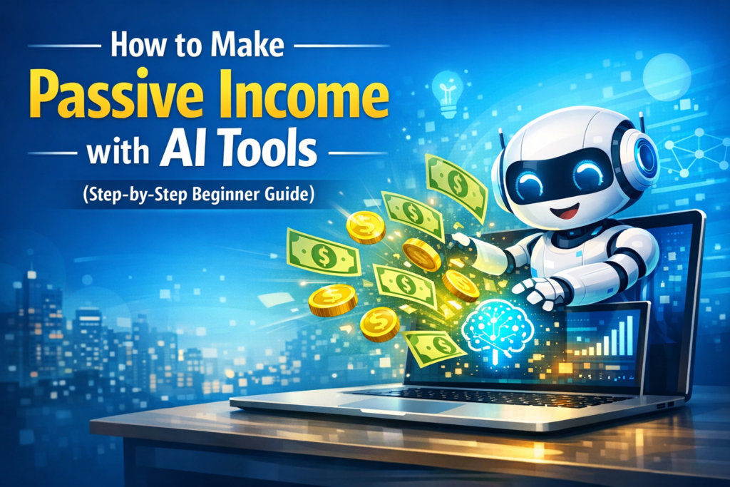 Clean SEO-optimized blog thumbnail showing a friendly AI robot generating money from a laptop with the title 'How to Make Passive Income with AI Tools (Step-by-Step Beginner Guide)' on a blue digital background.