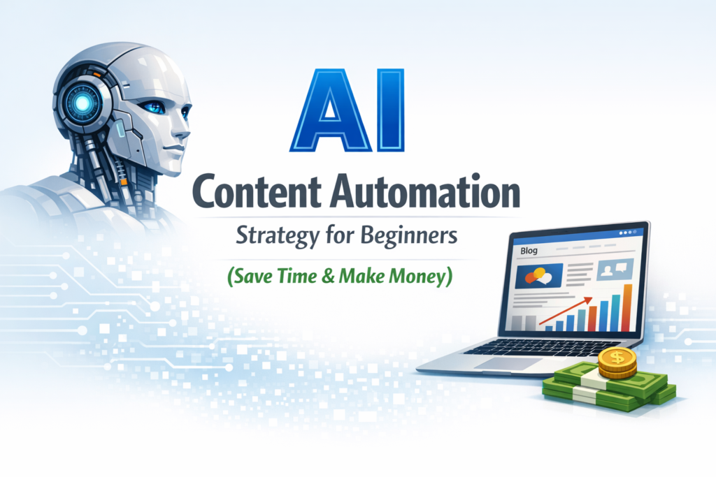 Minimalist AI Content Automation Strategy for Beginners blog banner featuring a robot head, laptop, and money icons on a clean blue background – Save Time & Make Money.