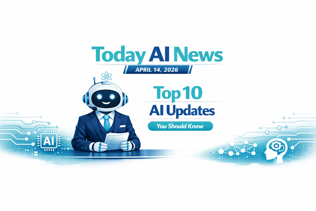 LifeHack Lab robot in a suit presenting “Today AI News April 14 2026 – Top 10 AI Updates You Should Know” with turquoise and dark blue theme.