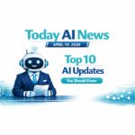 LifeHack Lab robot in a suit presenting “Today AI News April 14 2026 – Top 10 AI Updates You Should Know” with turquoise and dark blue theme.