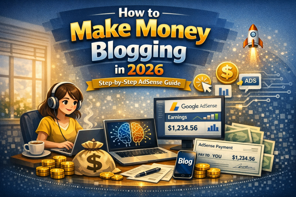 Laptop displaying WordPress blog and Google AdSense earnings, illustrating how to make money blogging in 2026