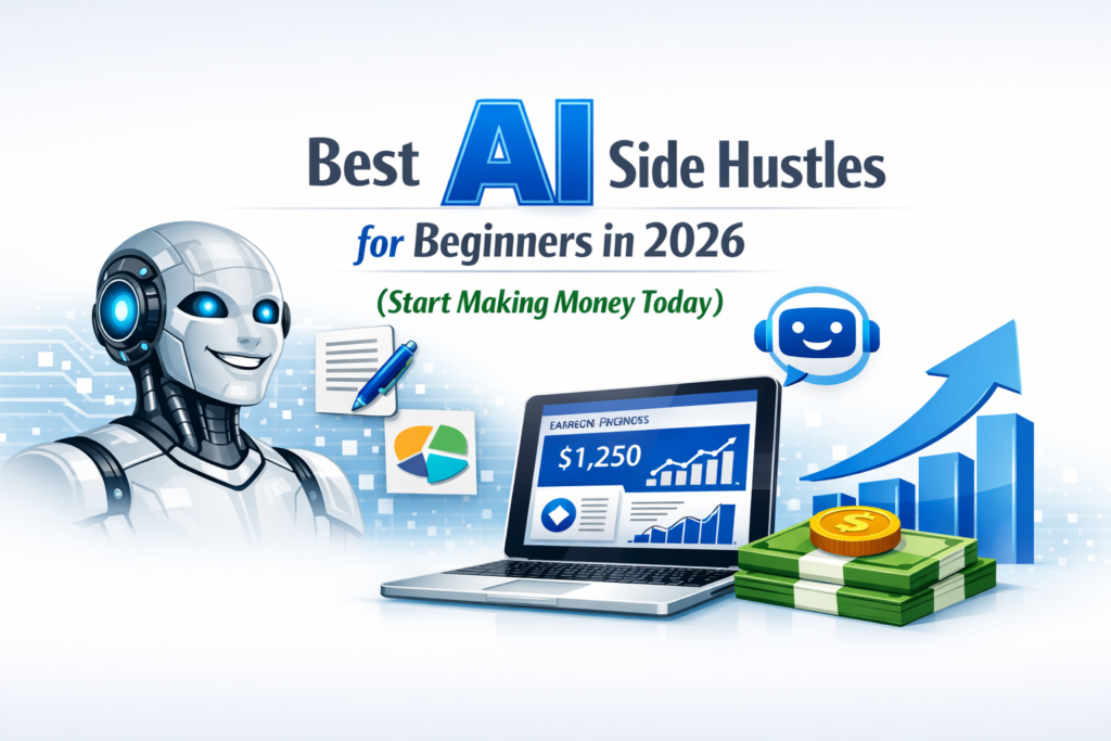 Best AI Side Hustles for Beginners in 2026 blog banner with robot, tablet, and money icons — Start Making Money Today.