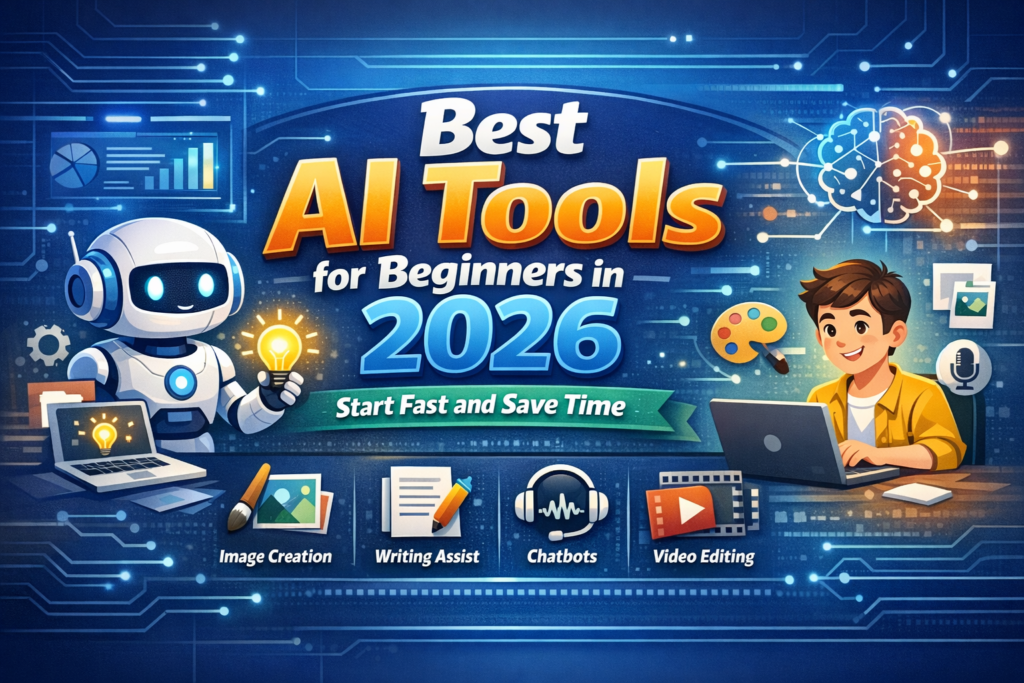 Best AI Tools for Beginners in 2026 – Start Fast and Save Time. Futuristic blog banner featuring robot assistant, young creator at laptop, and icons for image creation, writing assist, chatbots, and video editing.