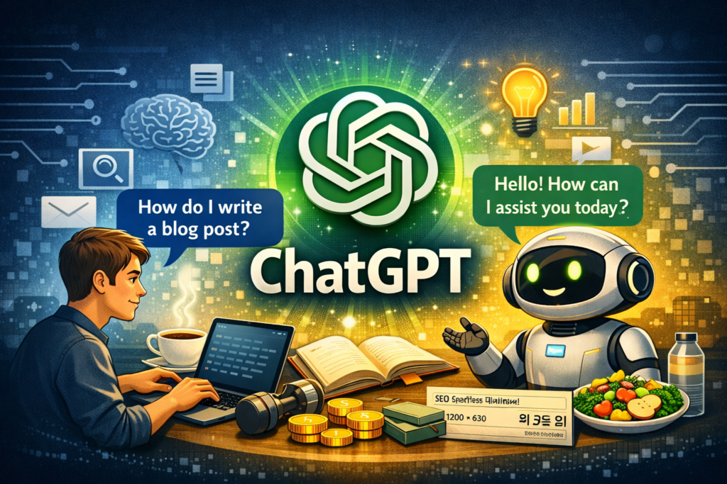 How to use ChatGPT for beginners in 2026 illustration showing a person working on a laptop with an AI assistant on screen, surrounded by productivity and automation icons in a blue digital background