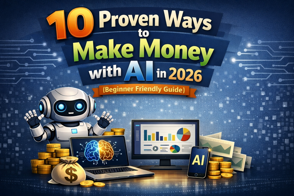 "AI robot analyzing financial growth on laptop with rising chart, representing ways to make money with AI in 2026"
