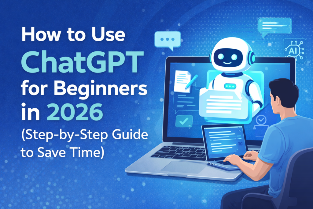 How to use ChatGPT for beginners in 2026 illustration showing a person working on a laptop with an AI assistant on screen, surrounded by productivity and automation icons in a blue digital background