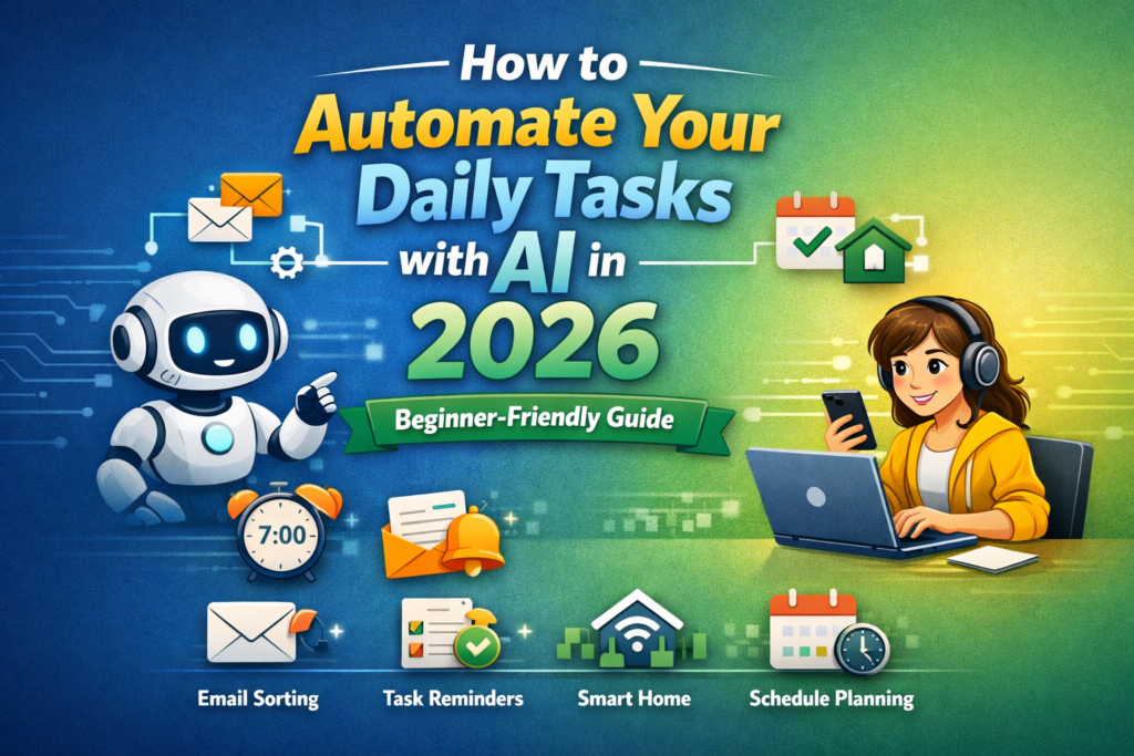 How to Automate Your Daily Tasks with AI in 2026 – Beginner-Friendly Guide. Minimalist blog banner featuring robot assistant, woman using laptop, and icons for email sorting, task reminders, smart home, and schedule planning.