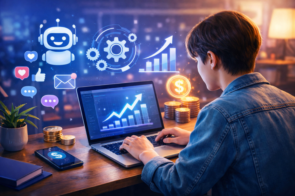 AI side hustles concept in 2026 showing a person working on a laptop with digital automation icons, chatbot, growth chart, and online income symbols in a modern workspace