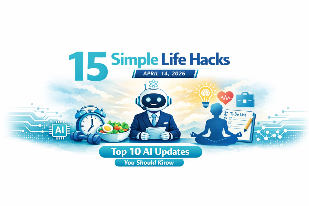 Illustration with “15 Simple Life Hacks to Reduce Stress and Boost Productivity,” showing a clock, yoga, notebook, and healthy lifestyle icons.