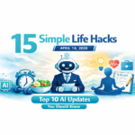 Illustration with “15 Simple Life Hacks to Reduce Stress and Boost Productivity,” showing a clock, yoga, notebook, and healthy lifestyle icons.