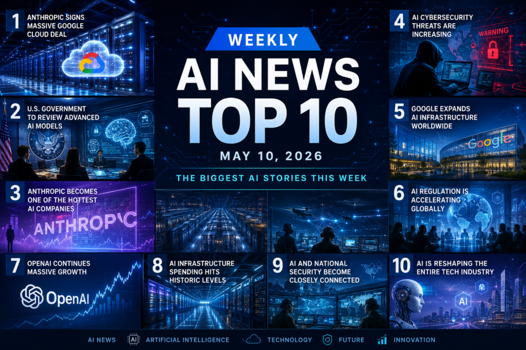 AI weekly news blog banner featuring futuristic artificial intelligence technology, cyber security, AI infrastructure, OpenAI, Anthropic, Google AI, holographic digital interfaces, glowing data centers, and modern tech industry visuals in a cinematic blue neon style.