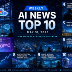 AI weekly news blog banner featuring futuristic artificial intelligence technology, cyber security, AI infrastructure, OpenAI, Anthropic, Google AI, holographic digital interfaces, glowing data centers, and modern tech industry visuals in a cinematic blue neon style.